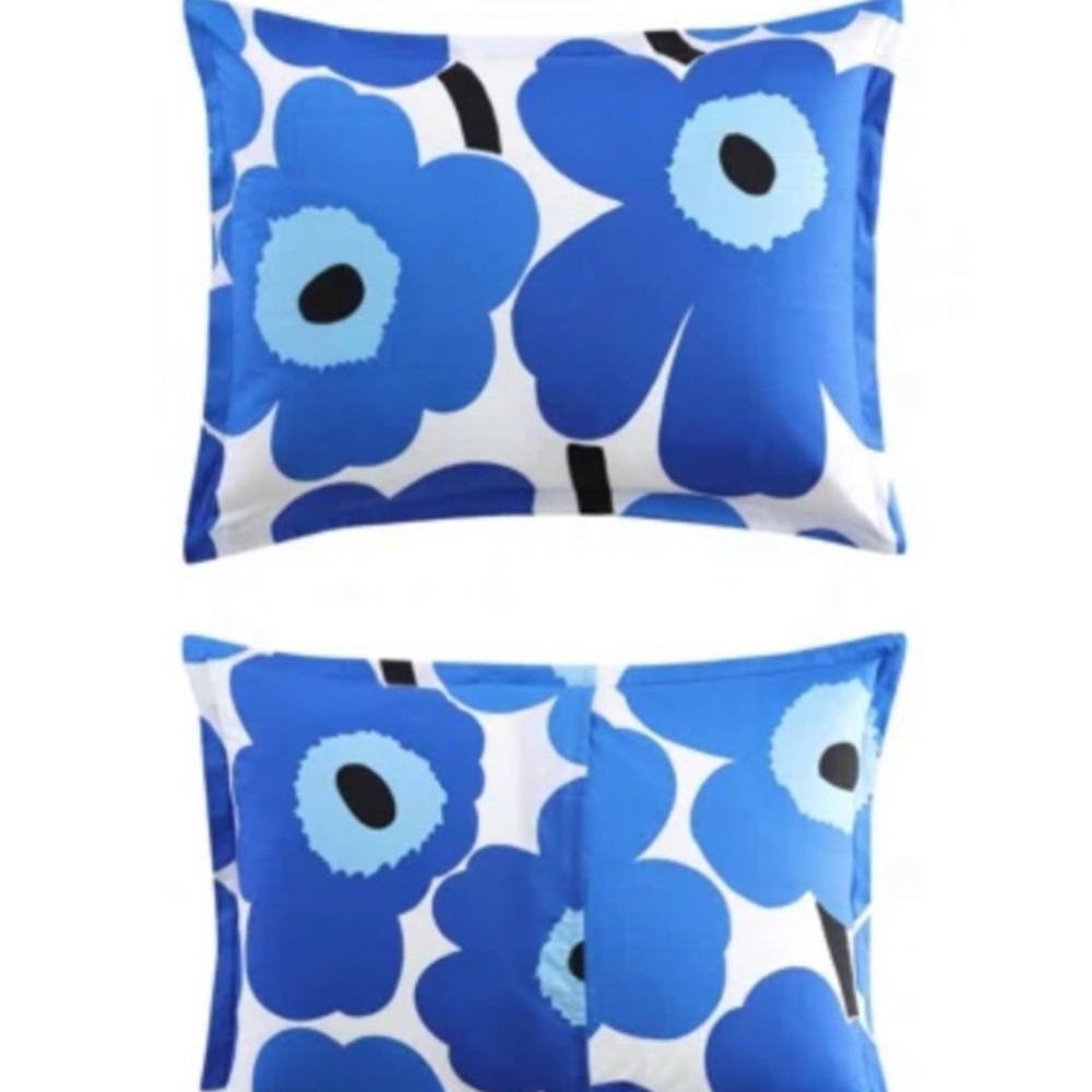 Pair (2) Marimekko Unikko Blue Poppy Pillow Shams; Marimekko Unikko Pillowcase